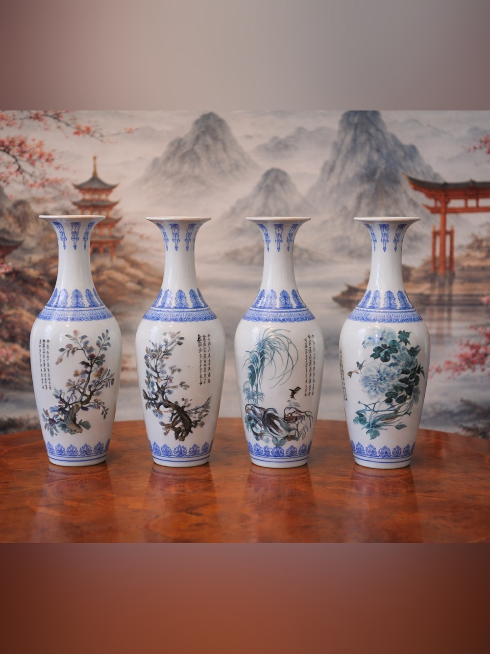 Set of Vintage Jingdezhen Eggshell Porcelain Four Season Vases Hand Painted